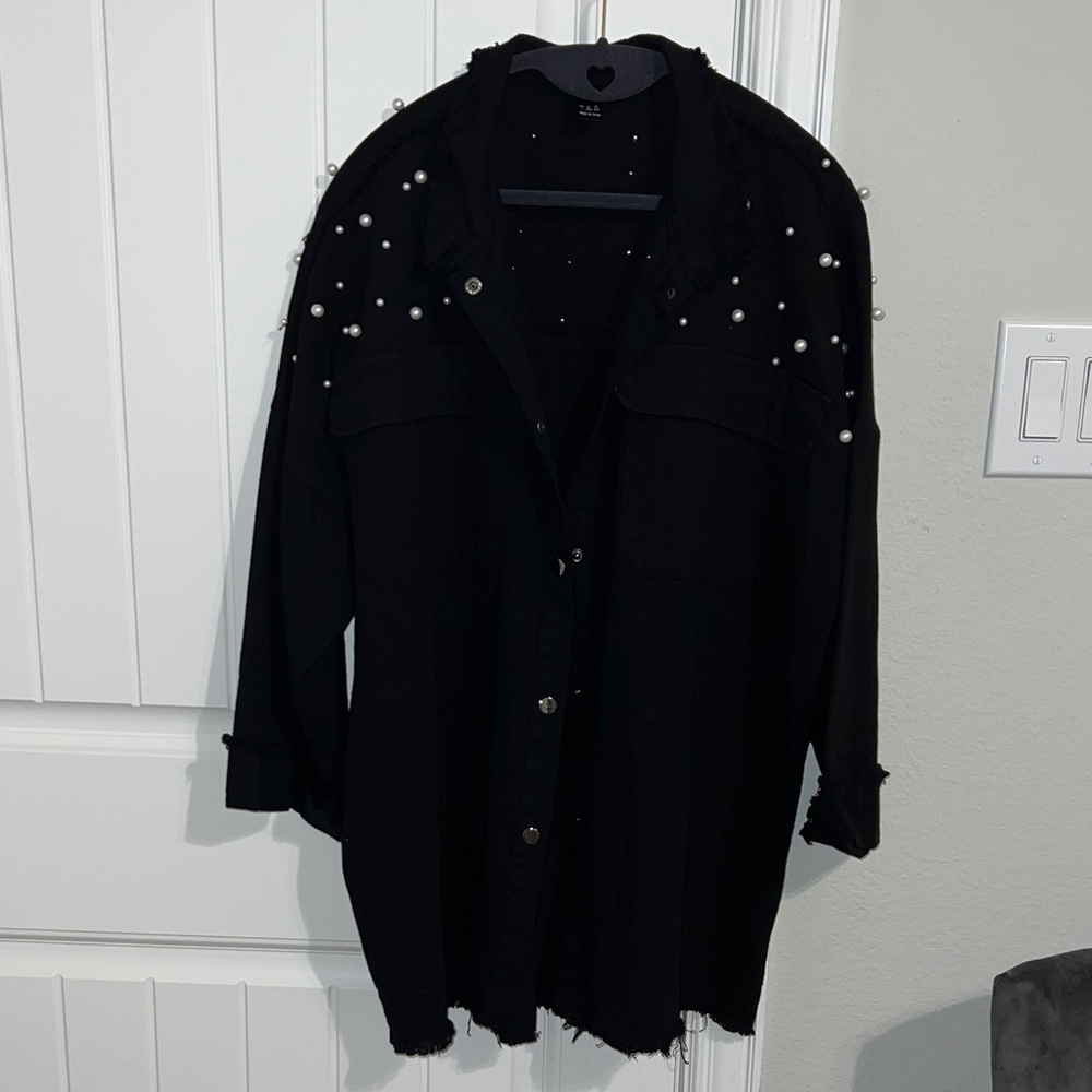 SHEIN Black Denim Jacket with Pearls!! - Picture 3 of 11